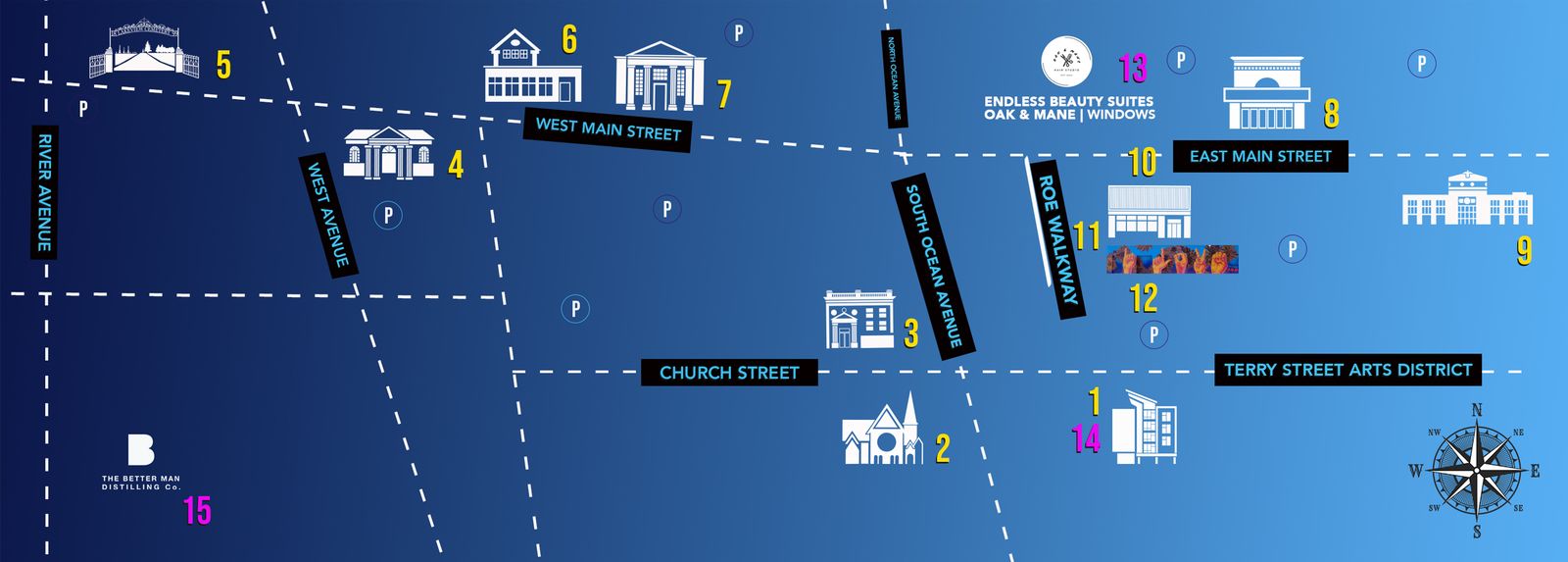 The organizer's printed street map panel numbering sites one through fifteen and marking parking with a P across West Main Street, Ocean Avenue, and nearby streets.
